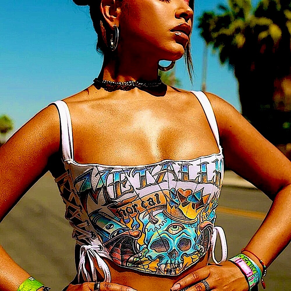 White lace up sides skull crown crop corset💀👑